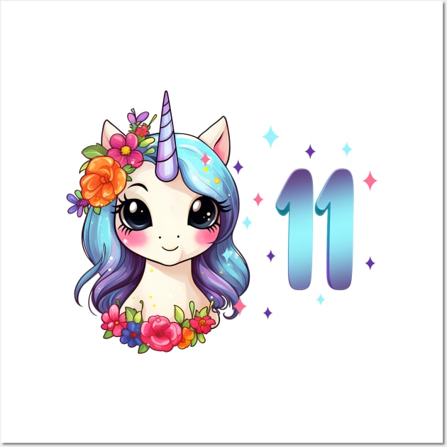 I am 11 with unicorn - girl birthday 11 years old Wall Art by Modern Medieval Design